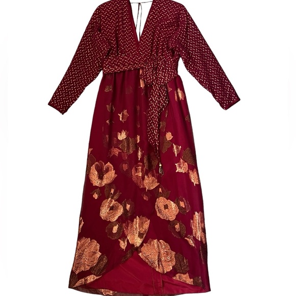 Carol Peretz Vintage 80s Silk Blend Dark Red & Gold Rare Evening Gown Size 6